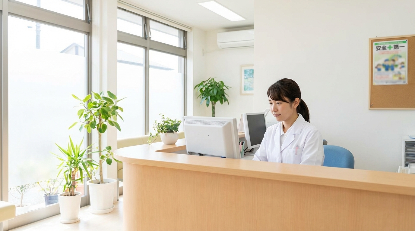 日中の明るいクリニックで働く看護師のイメージ