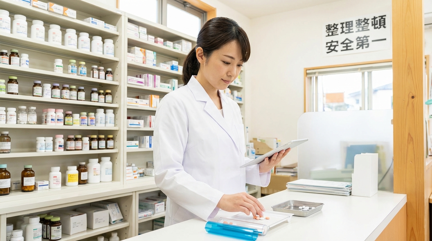 薬剤師が調剤薬局で薬を調剤しているイメージ