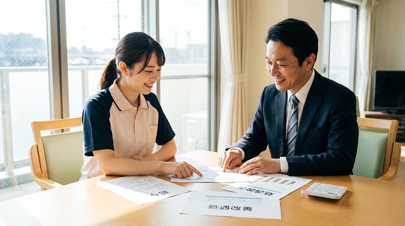 介護士と施設長が処遇改善加算の書類を確認するイメージ