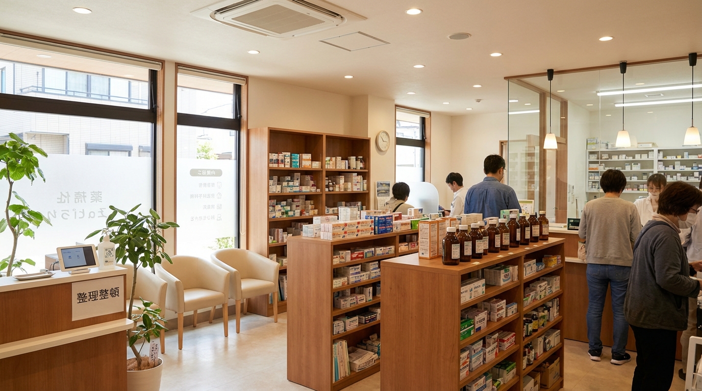 薬剤師が調剤薬局のカウンターで患者に薬の説明をしている様子