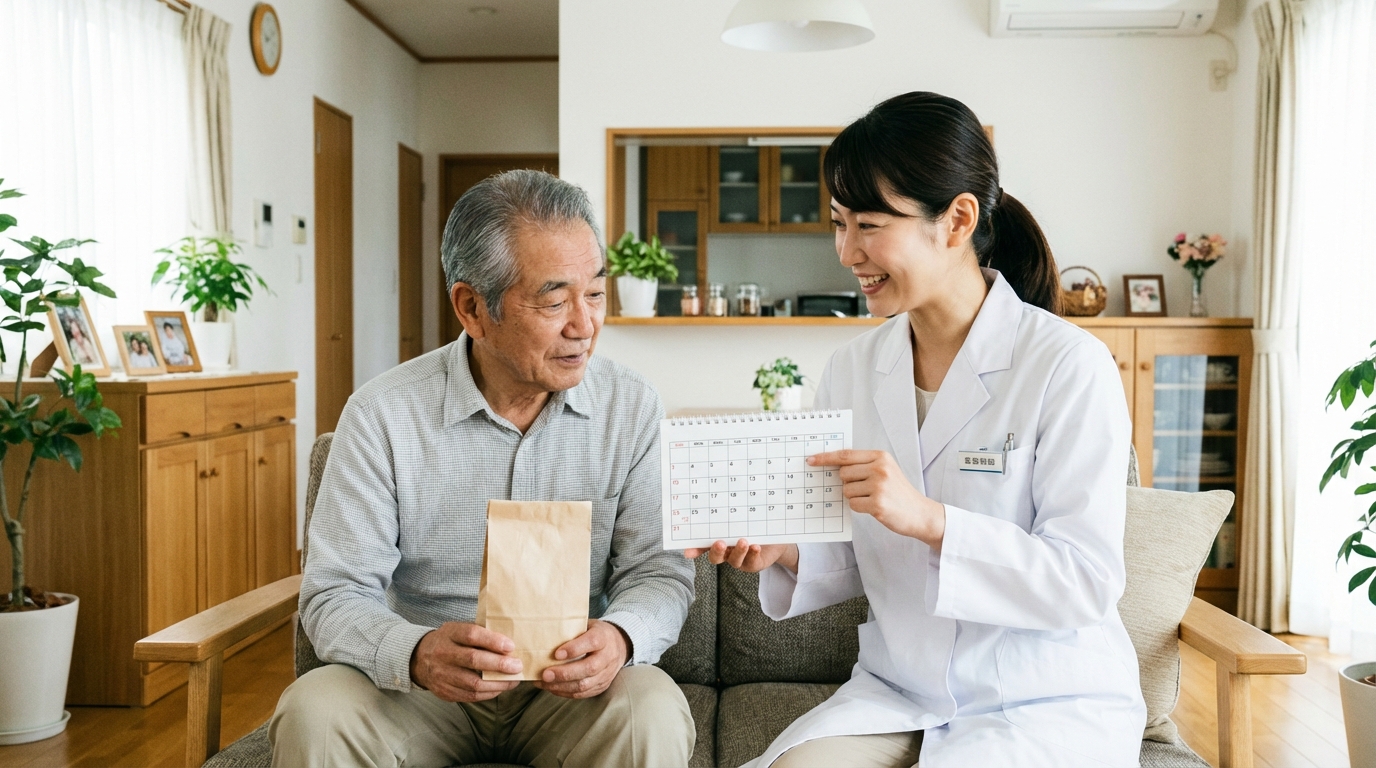 訪問薬剤師が患者宅で服薬指導をしているシーン