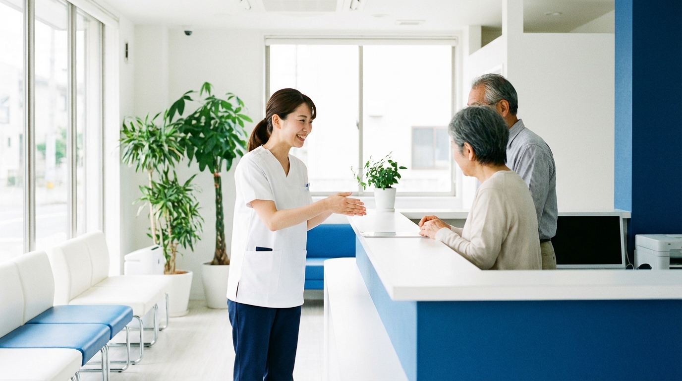 医療事務の受付カウンターで笑顔で対応する女性スタッフ