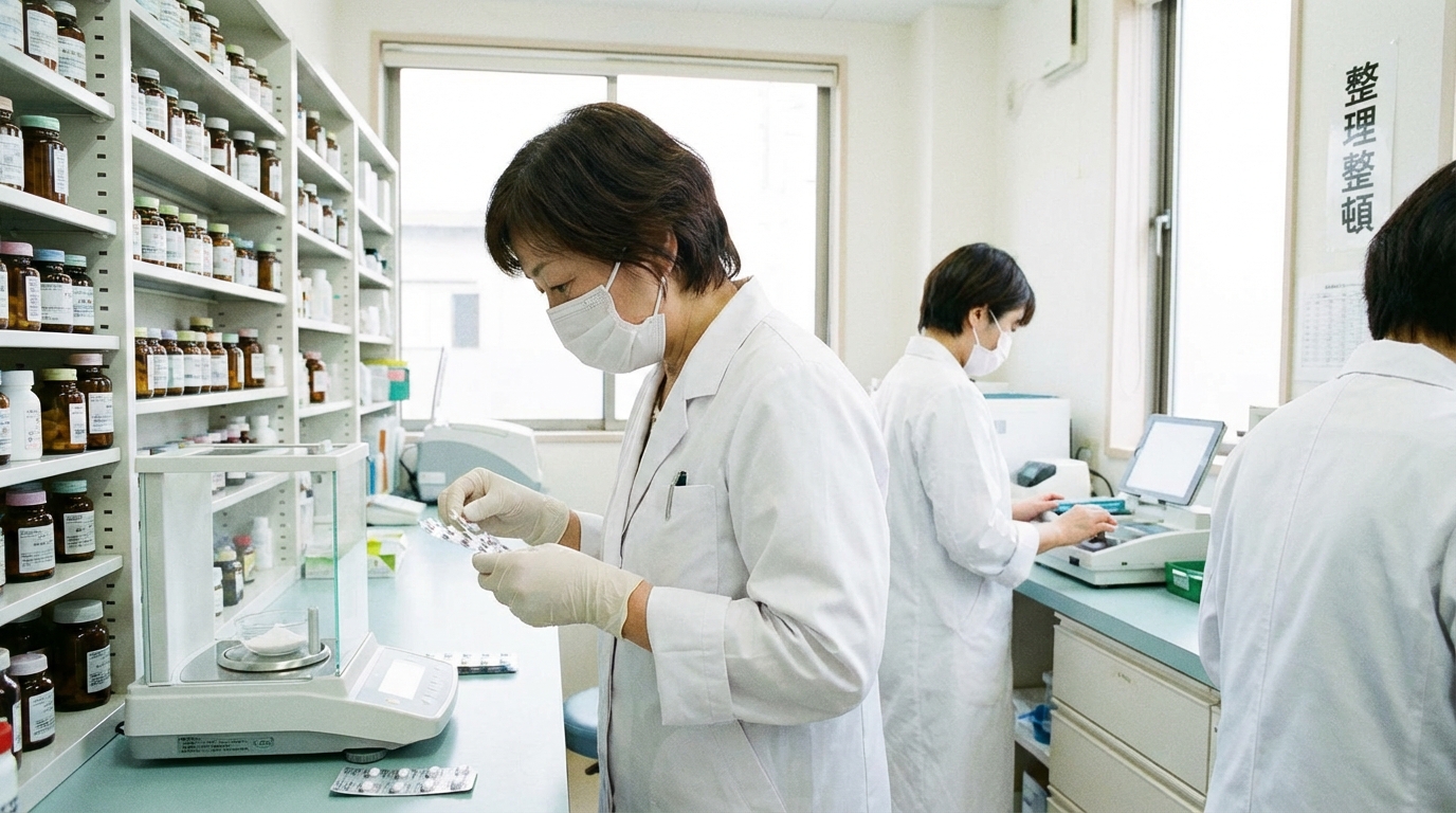 調剤薬局の内部で薬を準備する薬剤師