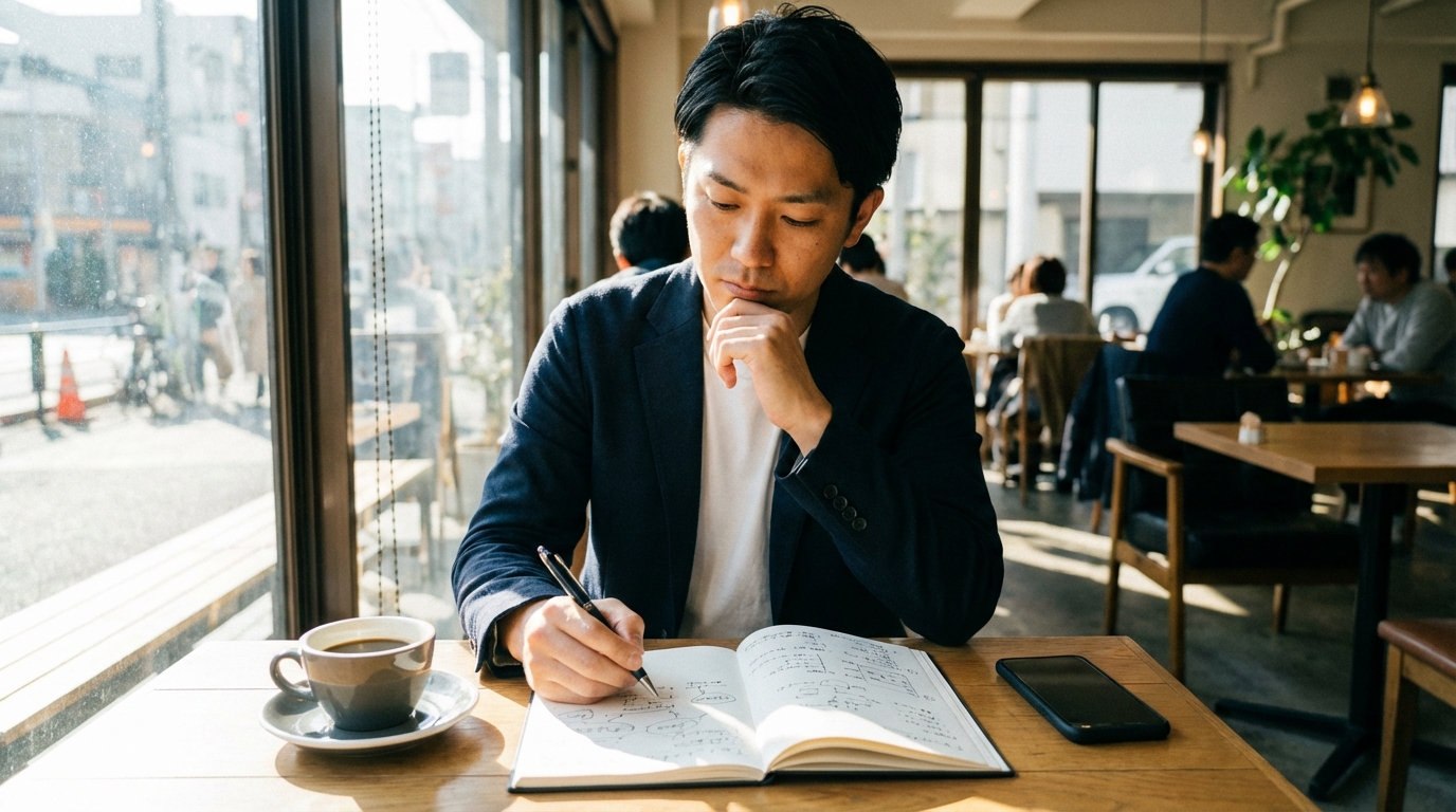 ノートに書き出しながら考えている人