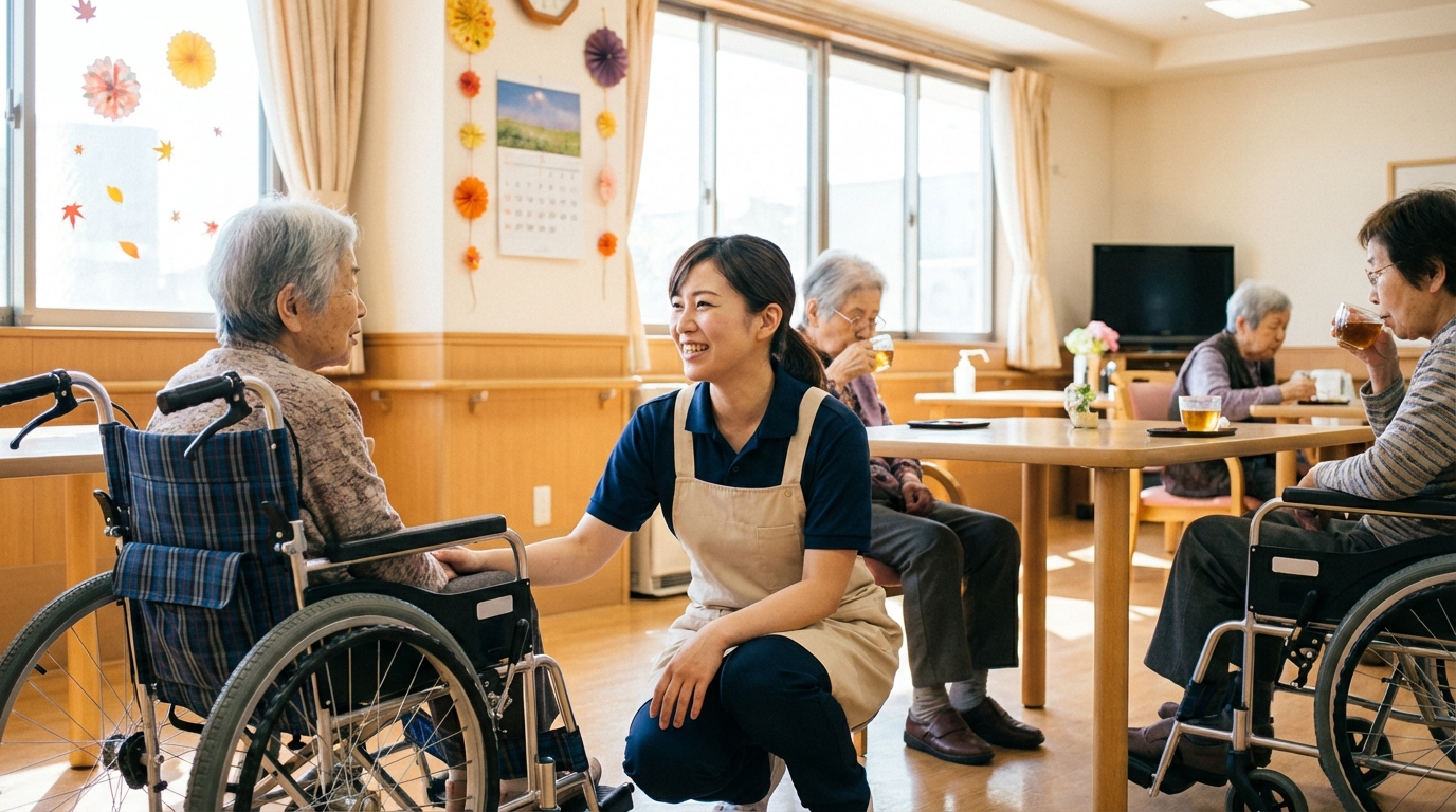 デイサービス施設で利用者に寄り添う介護スタッフ