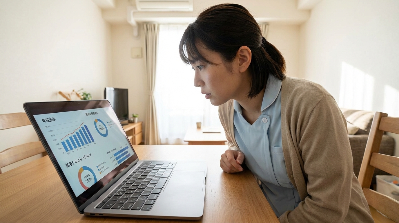 看護師が年収データを確認している様子