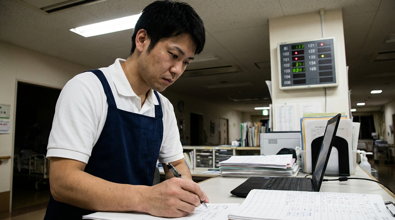 夜間の介護施設で巡回する介護士