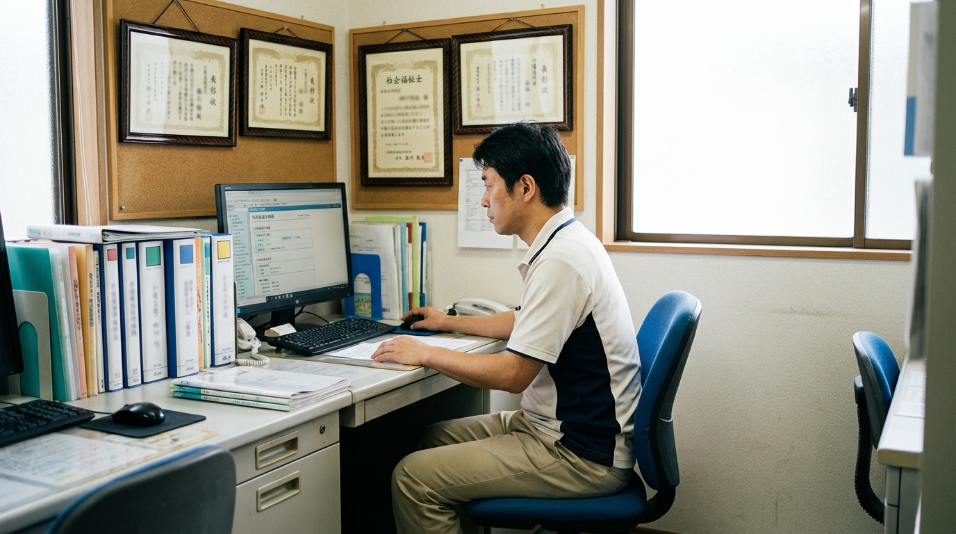 給与明細を確認する男性介護士のイメージ
