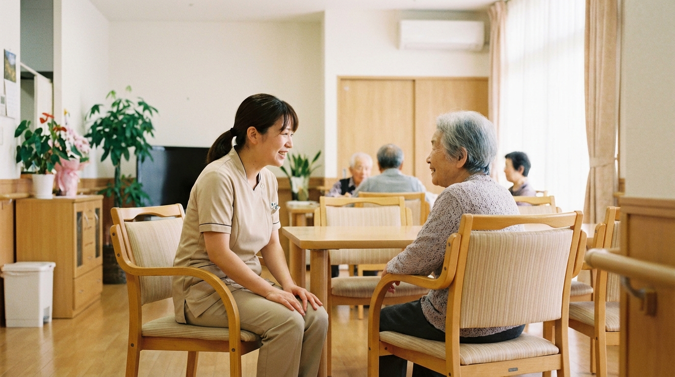 50代のスタッフが利用者と穏やかに話している介護施設の居室