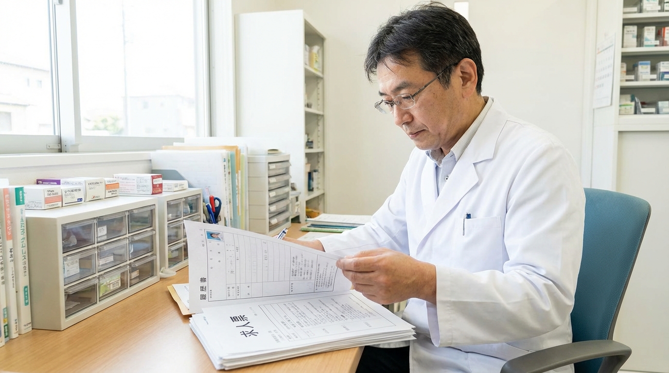 50代薬剤師が書類審査で悩んでいる様子