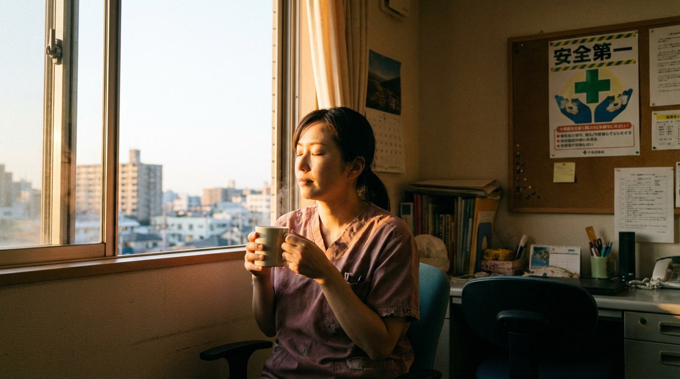 夜勤明けの介護士が休憩している様子