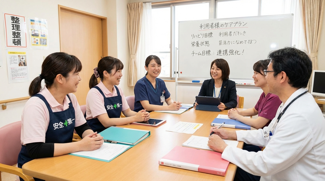 多職種カンファレンスで話し合う介護スタッフたち