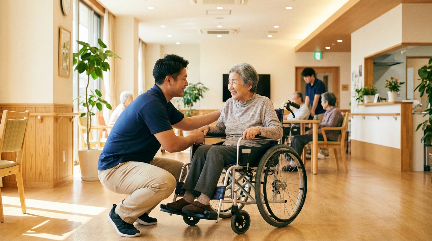 介護施設で車いすの利用者を介助する男性介護士