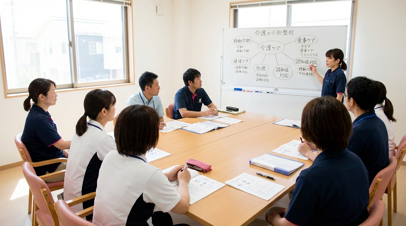 介護施設でスタッフが研修を受けている様子