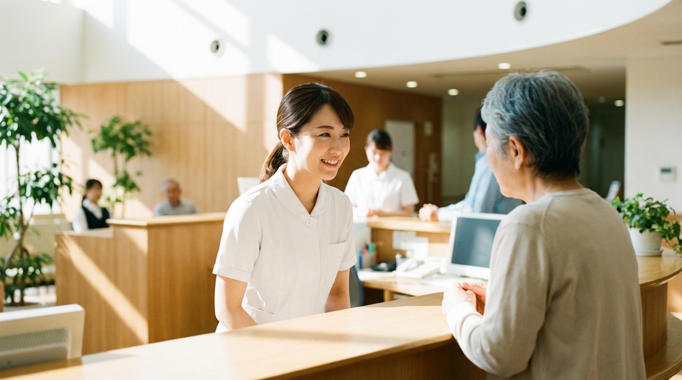 医療事務スタッフが受付カウンターで患者対応している様子
