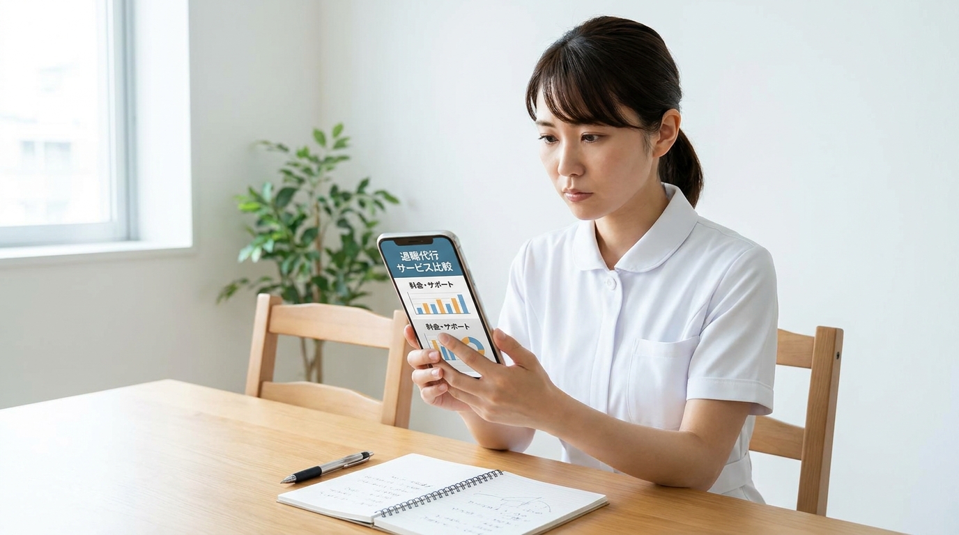 退職代行サービスをスマホで比較検討する看護師