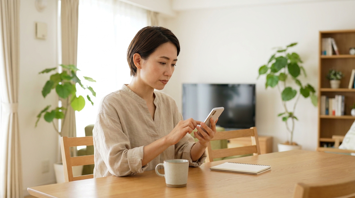 介護パートの退職を検討する女性がスマートフォンで情報を調べている様子