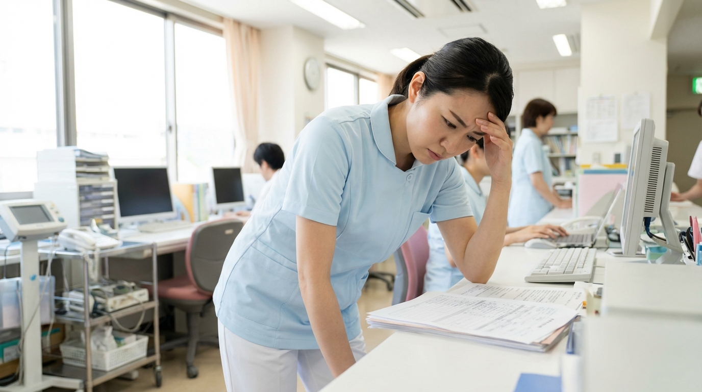 看護師がパワハラに悩みながらも転職を決意している場面
