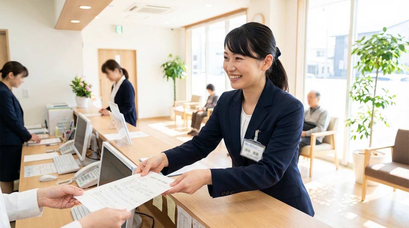 医療事務の受付業務をする日本人女性スタッフ