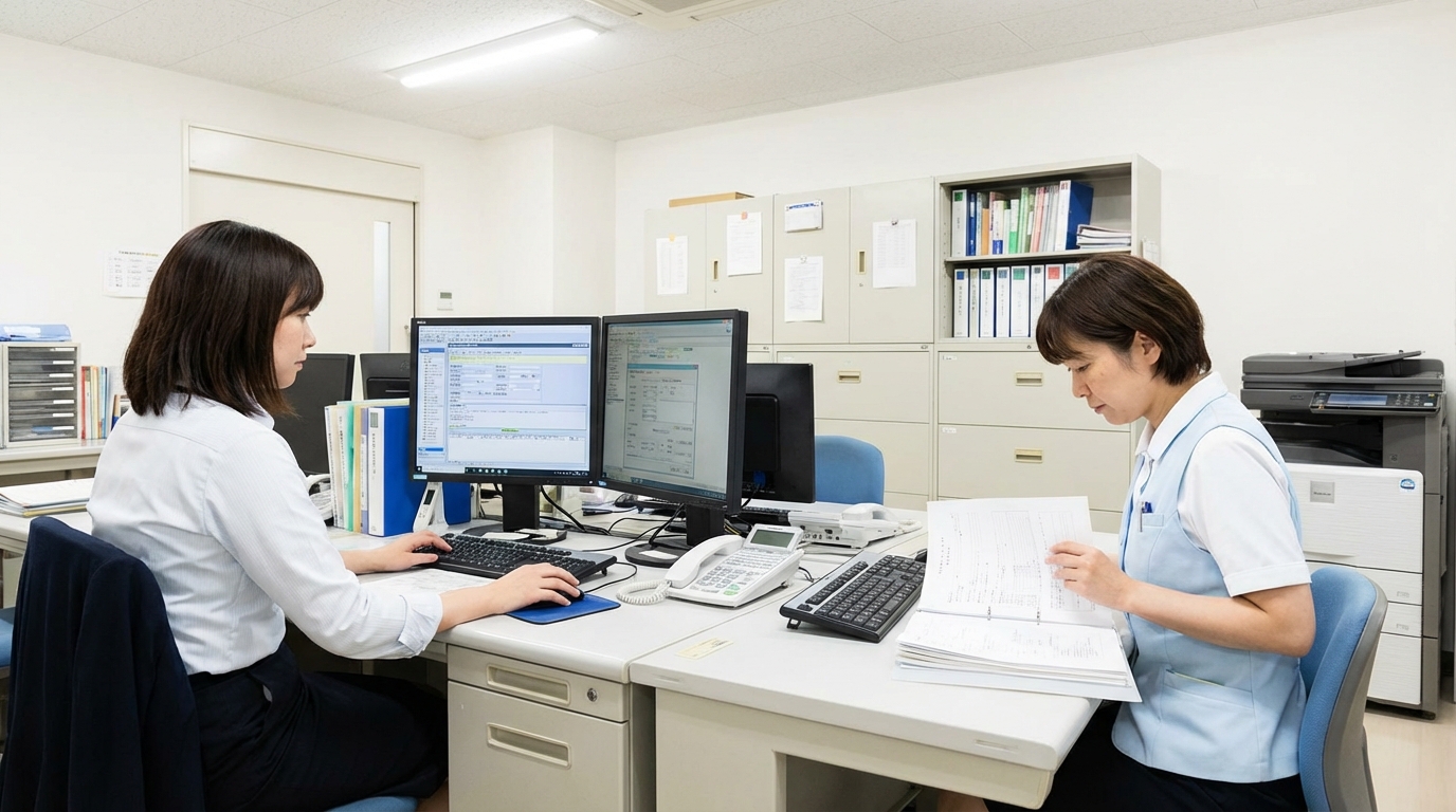 医療事務スタッフが複数名でPCを使って書類作業をしている実写風画像