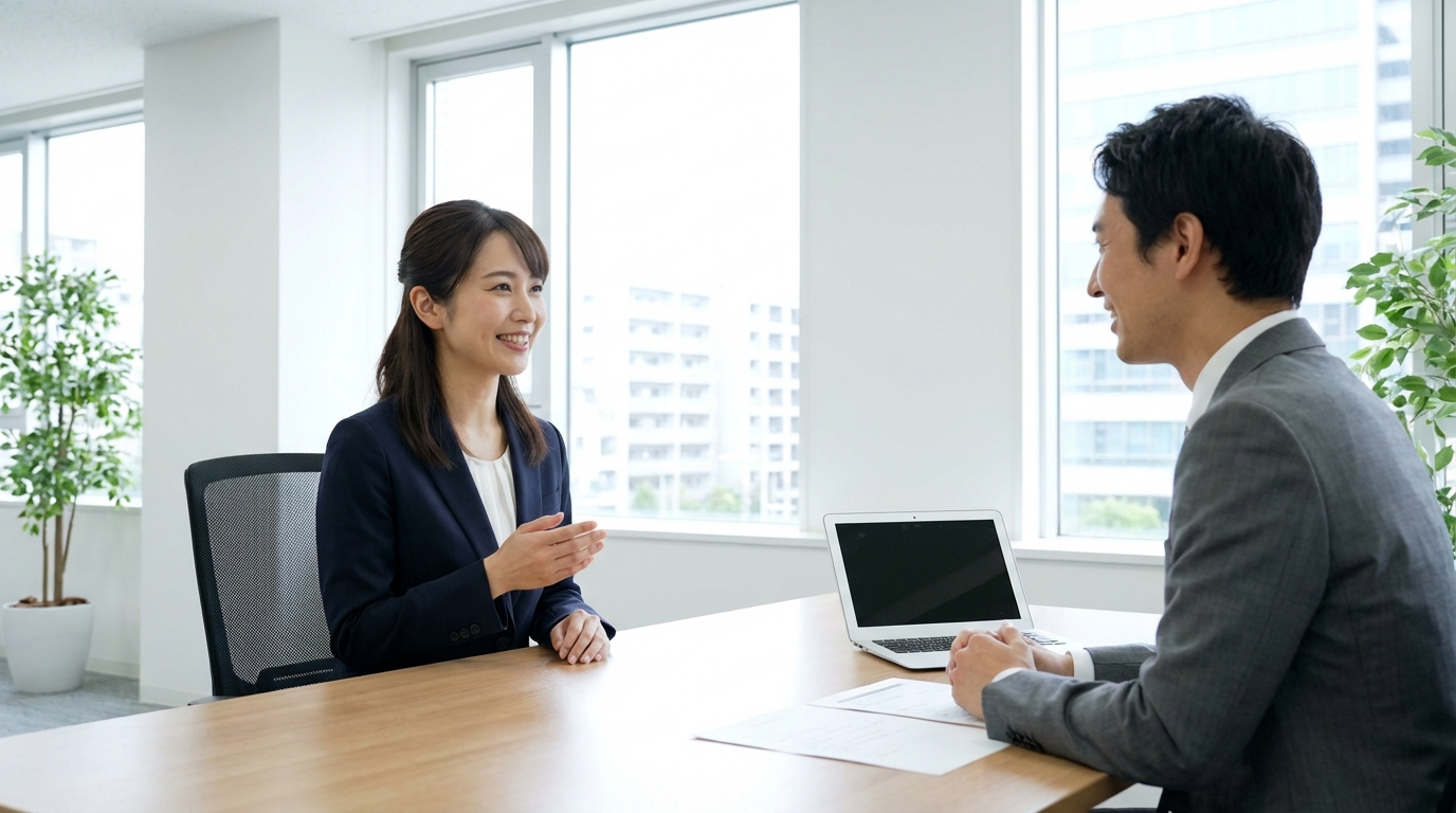 医療事務の面接室で笑顔で話している日本人女性求職者