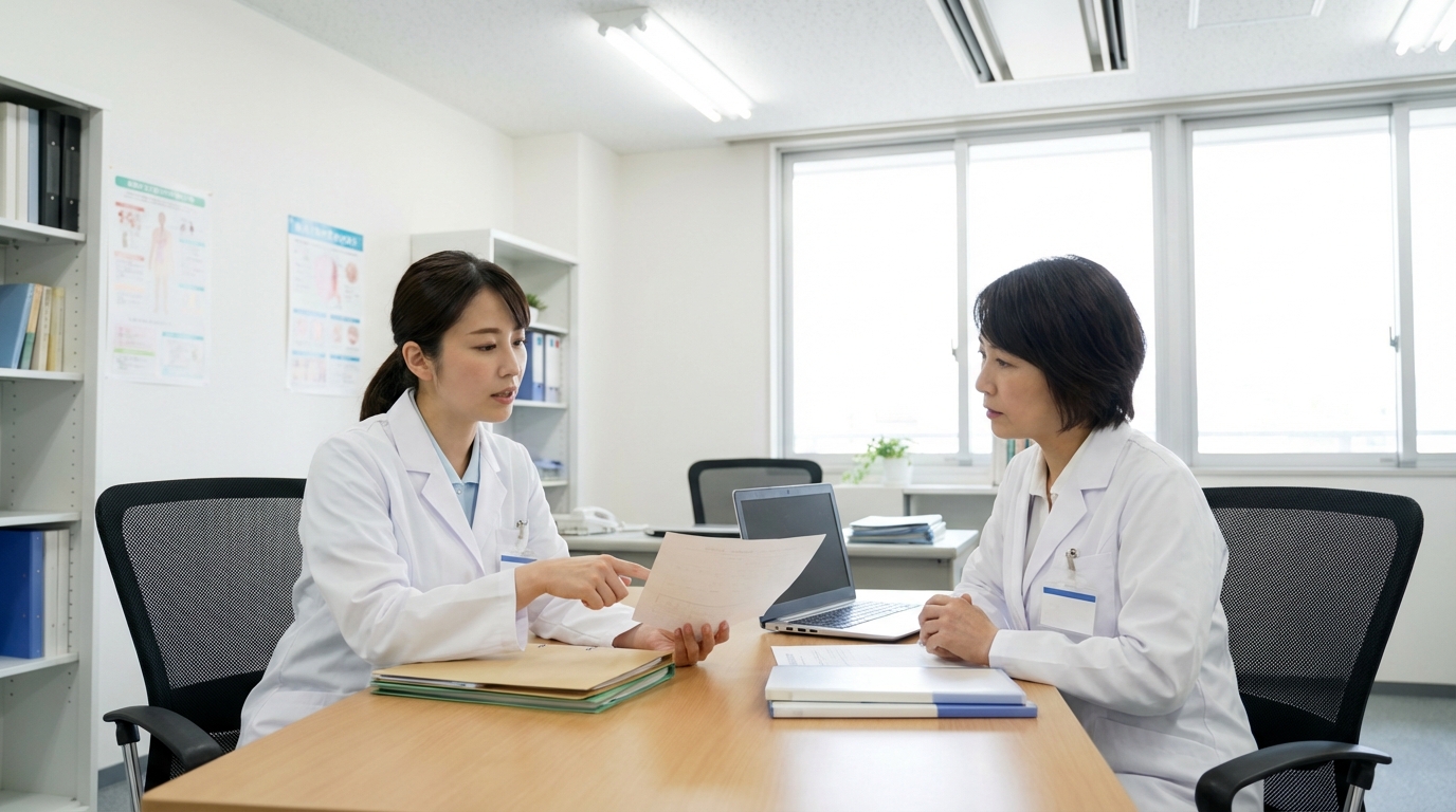 看護師が書類を確認しながら相談している実写風画像