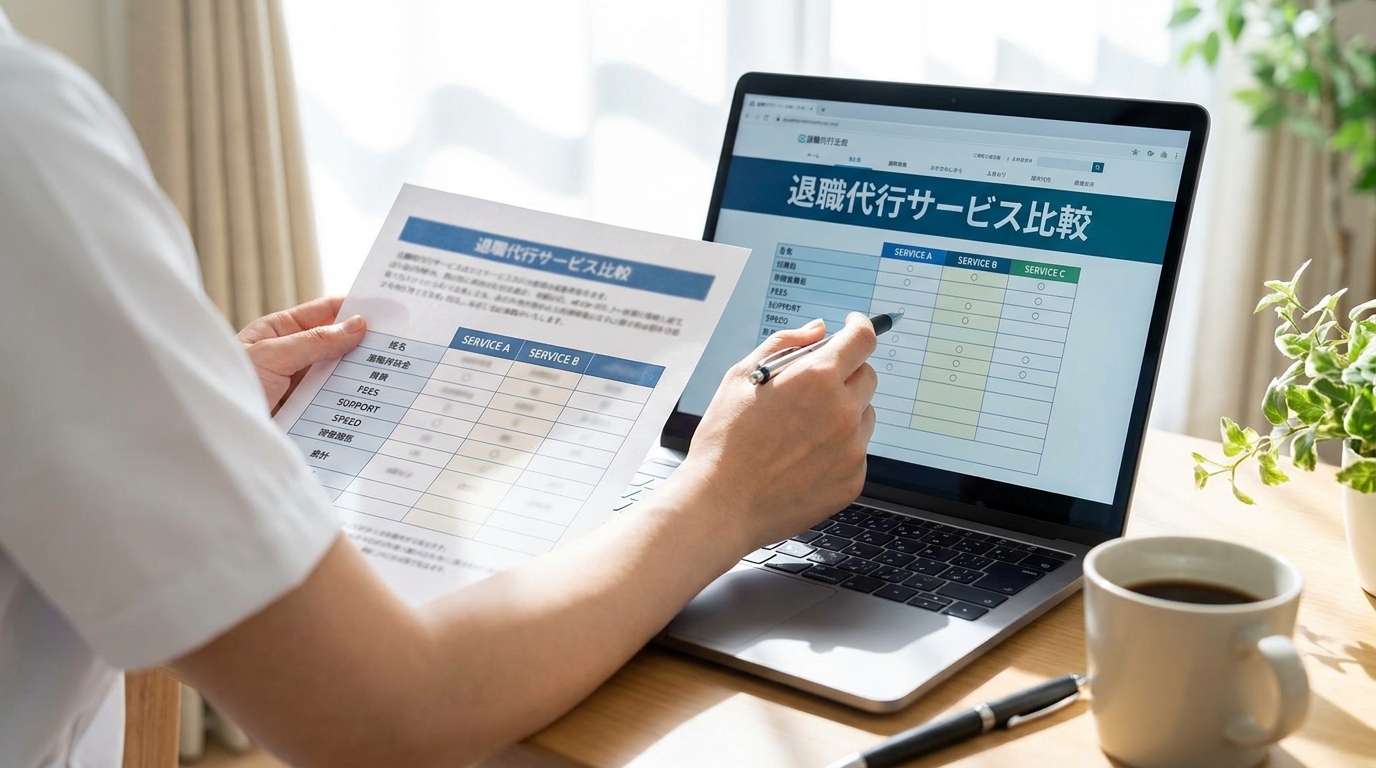 退職代行の比較資料を確認する看護師の手元