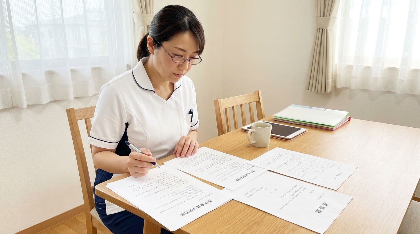 看護師が退職書類と奨学金書類を確認している様子