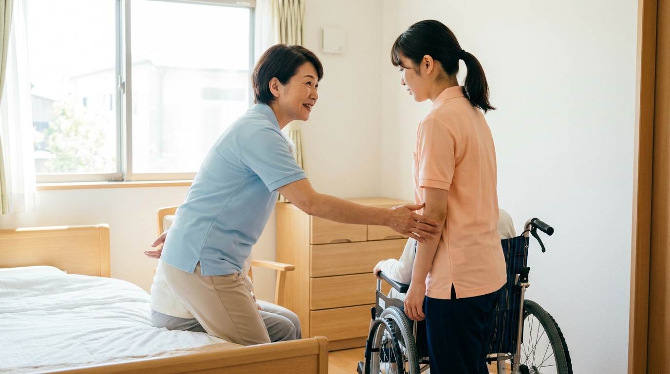 介護施設で先輩から移乗介助を教わる未経験介護士