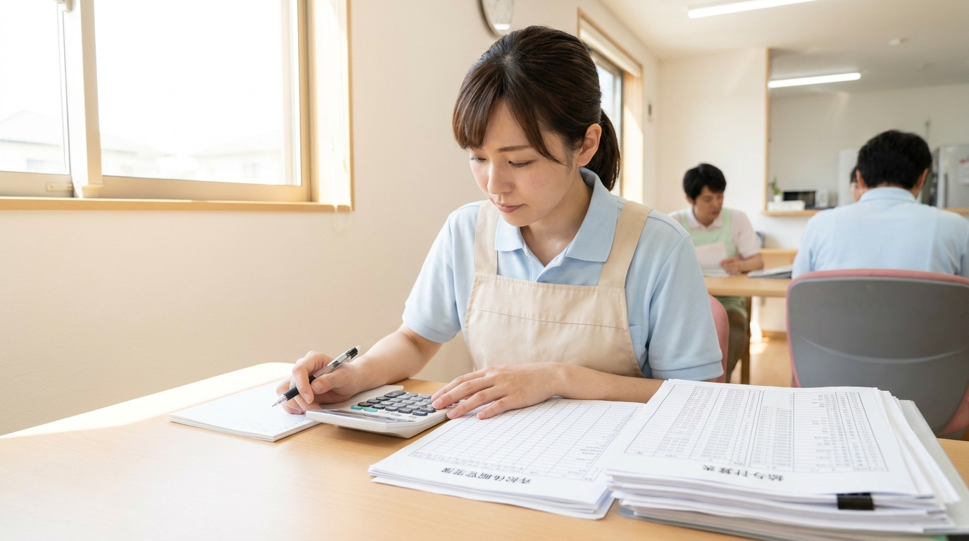 介護施設の休憩室で計算機と書類を確認する介護パート職員の手元