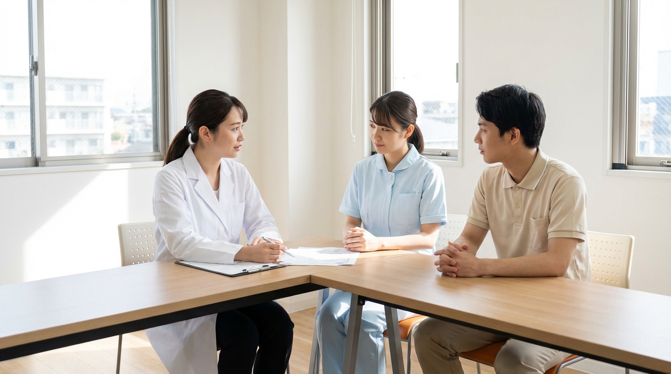 老健施設内で多職種カンファレンスに参加する薬剤師の実写風画像