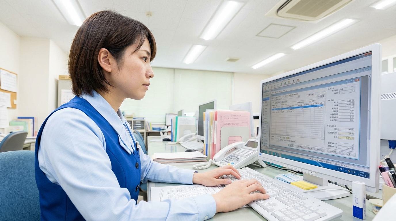 医療事務のスタッフが患者に笑顔で対応している実写風画像