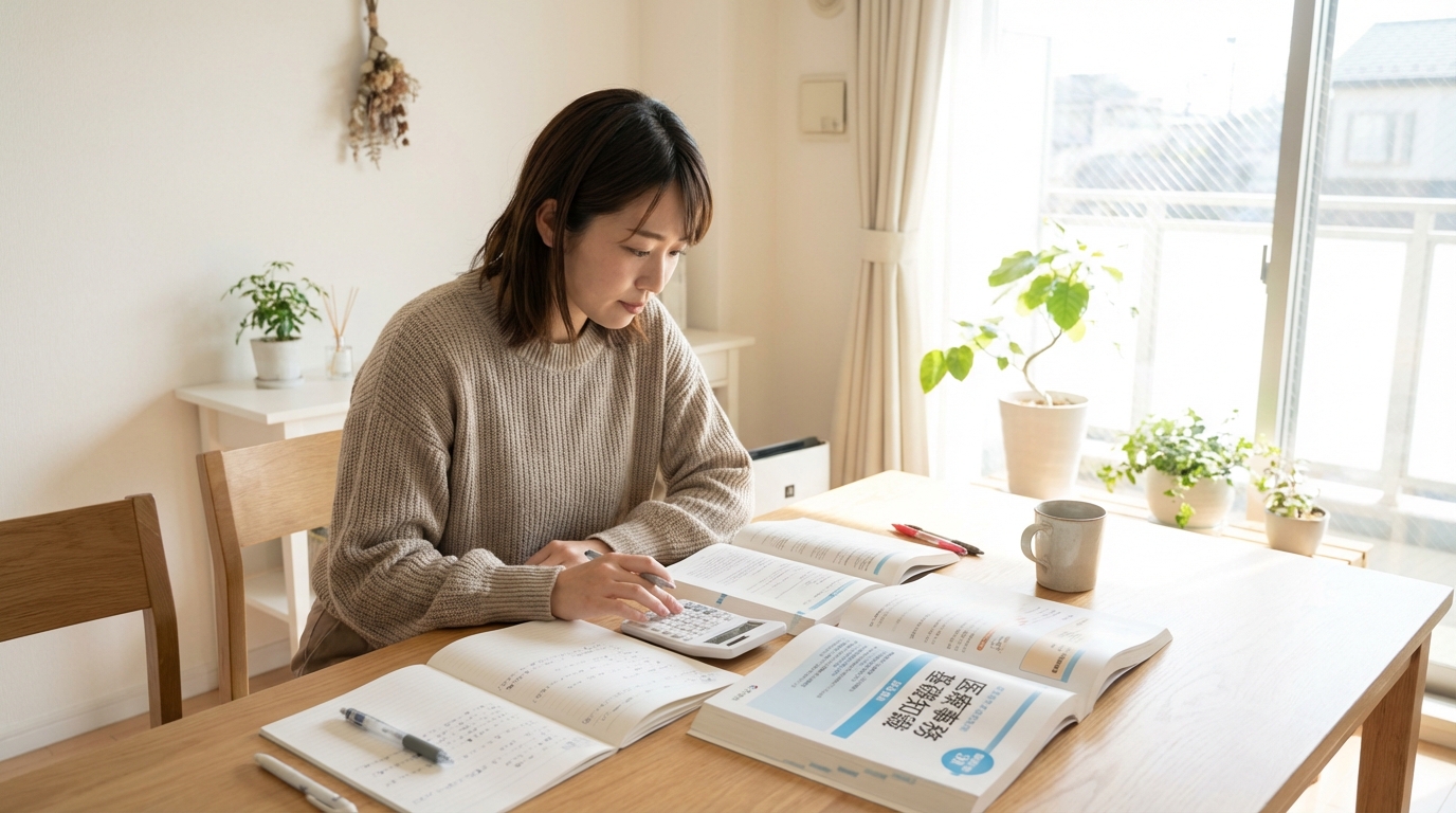 医療事務の勉強をしているテキストと電卓が机に置かれた実写風画像