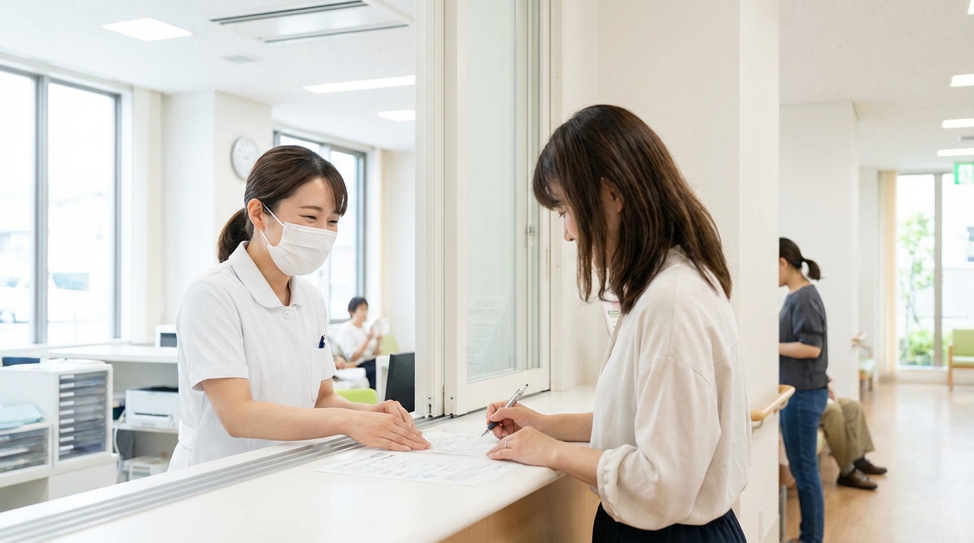 医療事務スタッフが窓口で患者に対応している実写風シーン