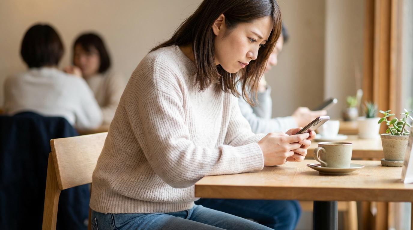 看護師がスマートフォンで退職代行サービスに問い合わせている実写風画像