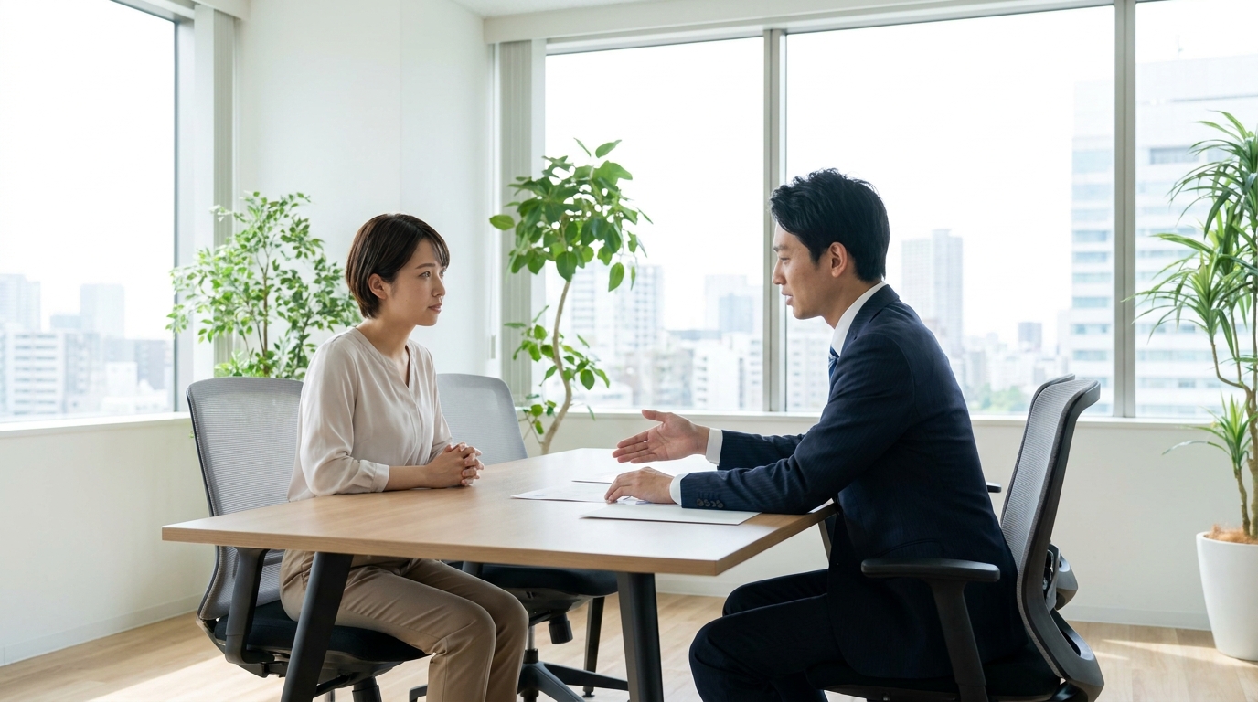 看護師が転職エージェントと面談している実写風画像
