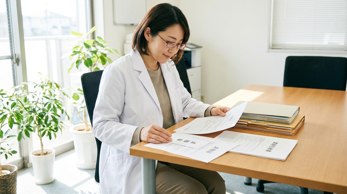 薬剤師が退職手続きの書類を確認している場面