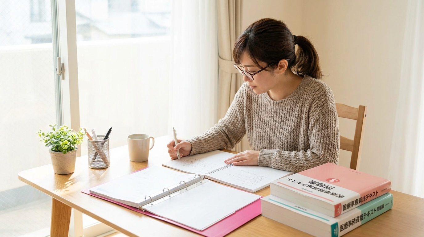 医療事務の資格テキストを勉強している日本人女性の実写風画像