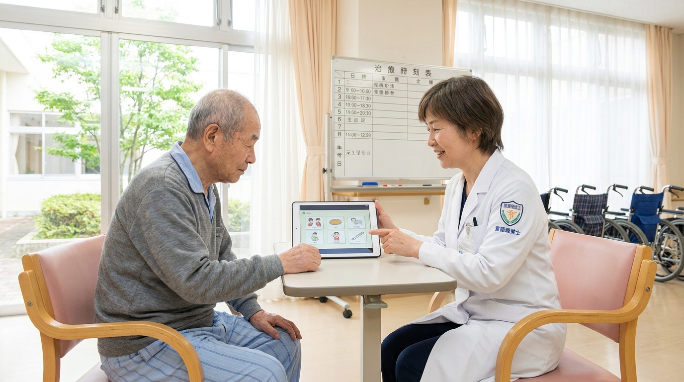 言語聴覚士が患者とリハビリを行っている様子