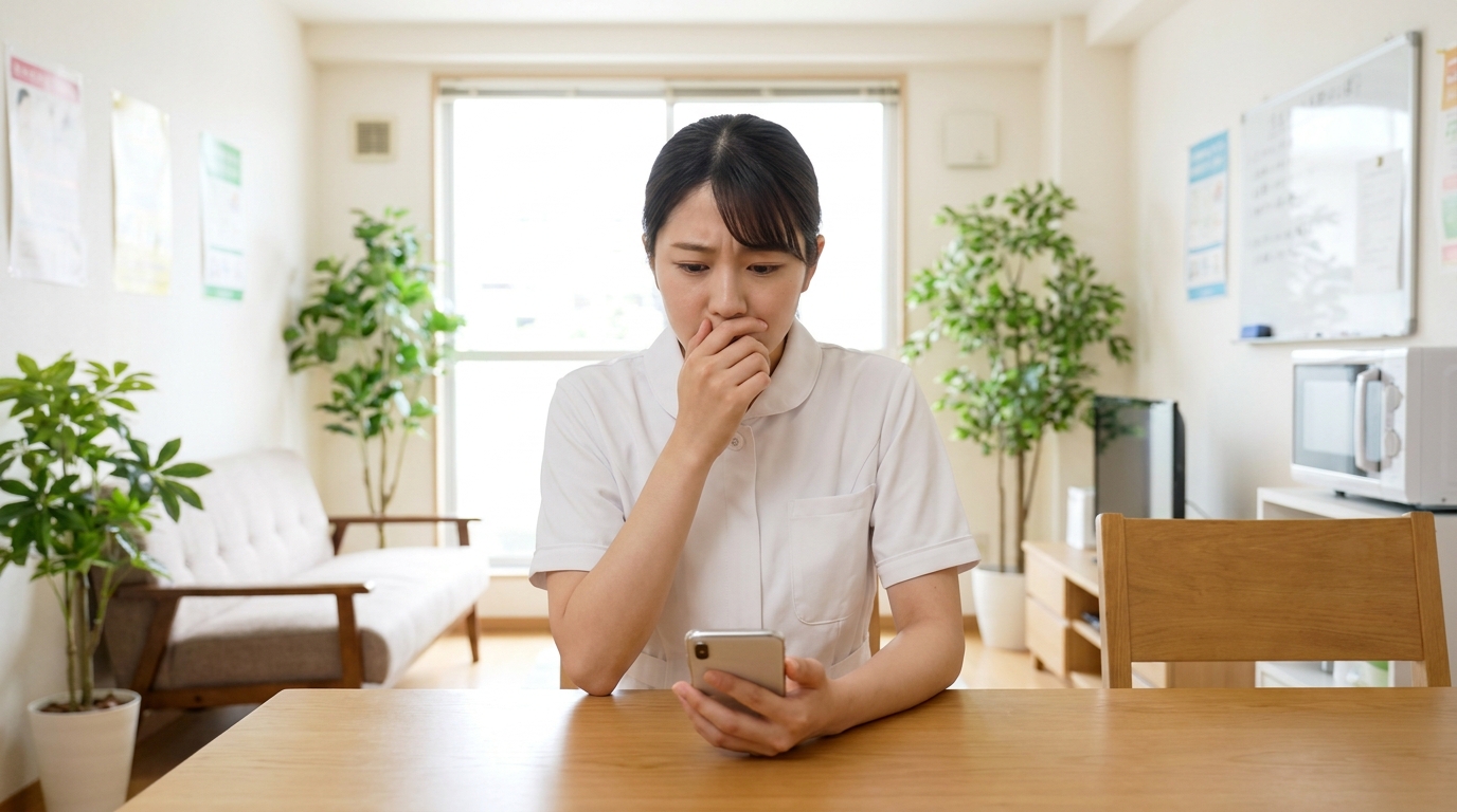 介護職の新人が悩んでいるシーン