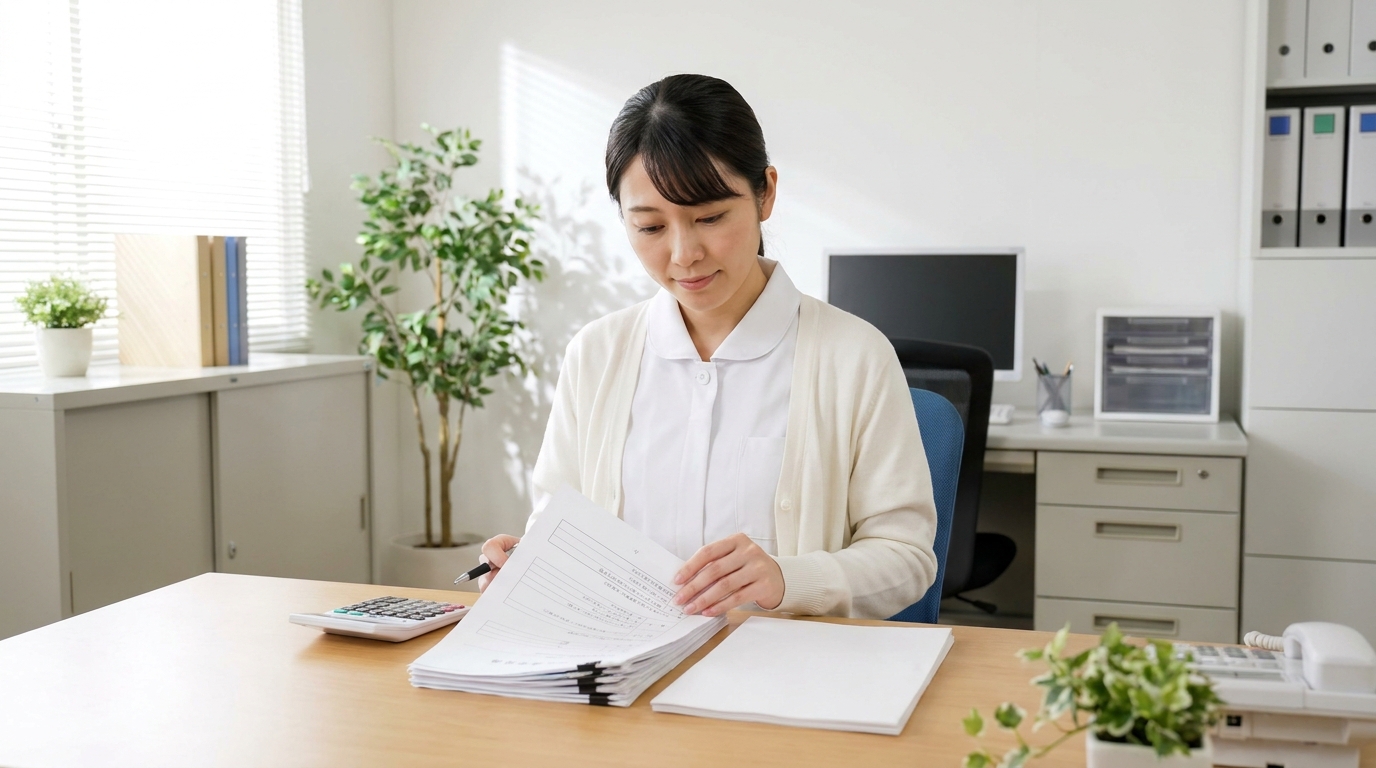 看護師が退職手続きの書類を確認している場面