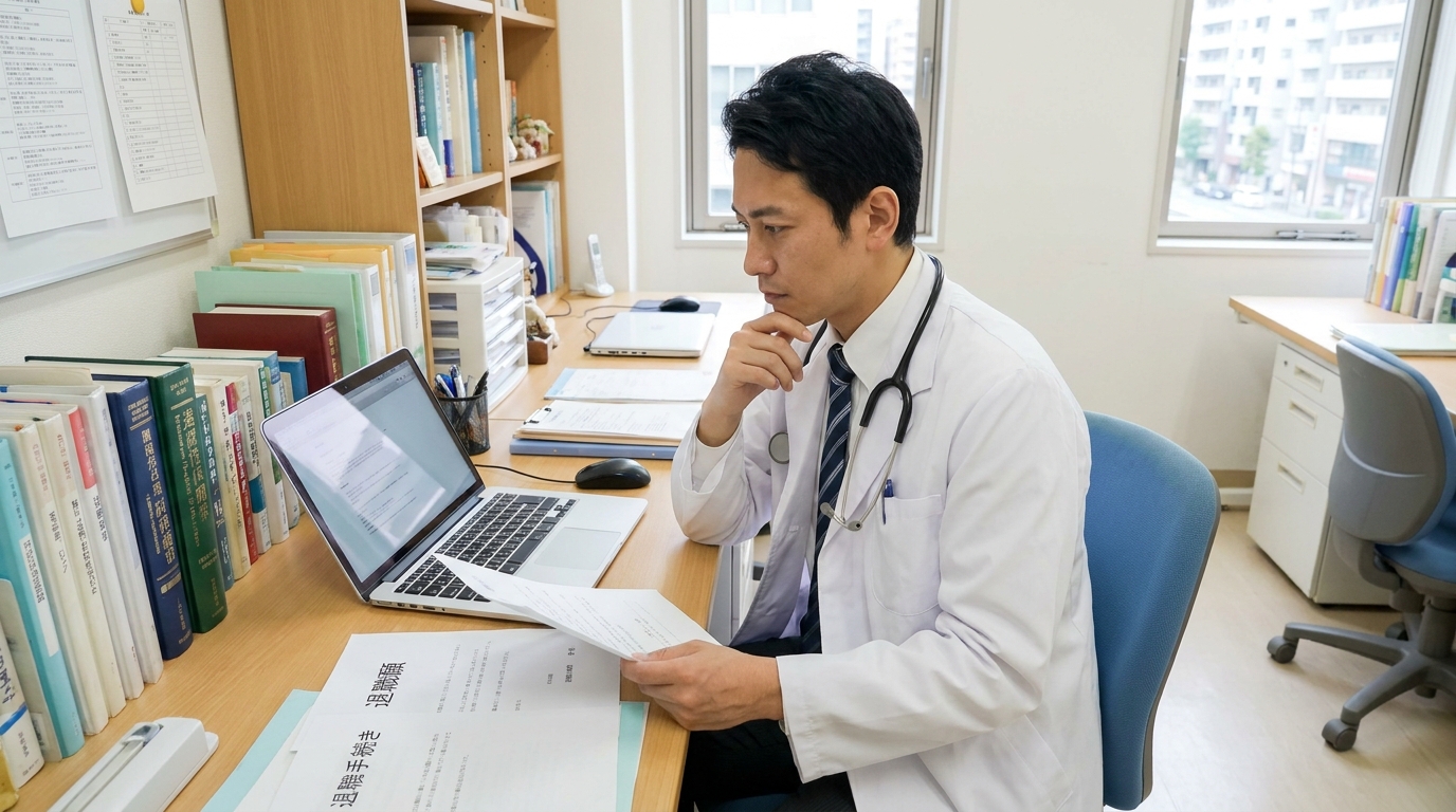 退職を検討する勤務医が書類とPCを確認する様子