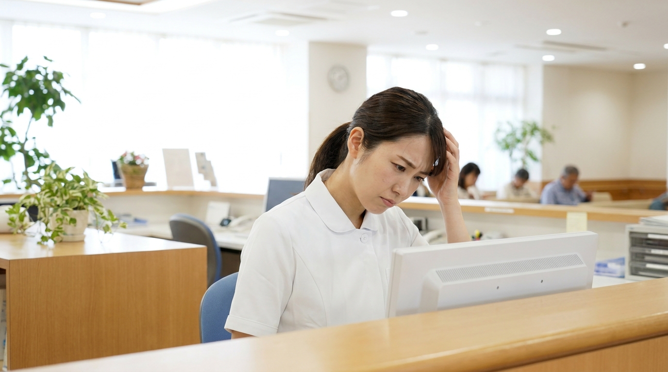 医療事務の女性が受付カウンターで悩んでいる様子