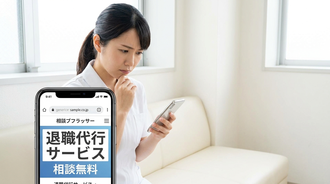 看護師が退職代行を利用する前にスマートフォンで悩んでいる様子
