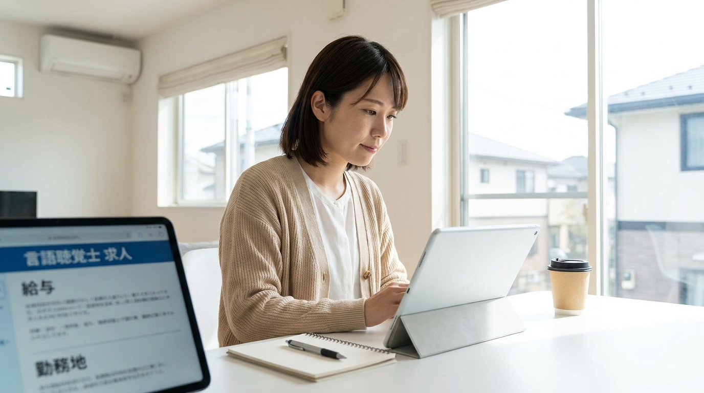 言語聴覚士の求人票を確認している転職者の様子