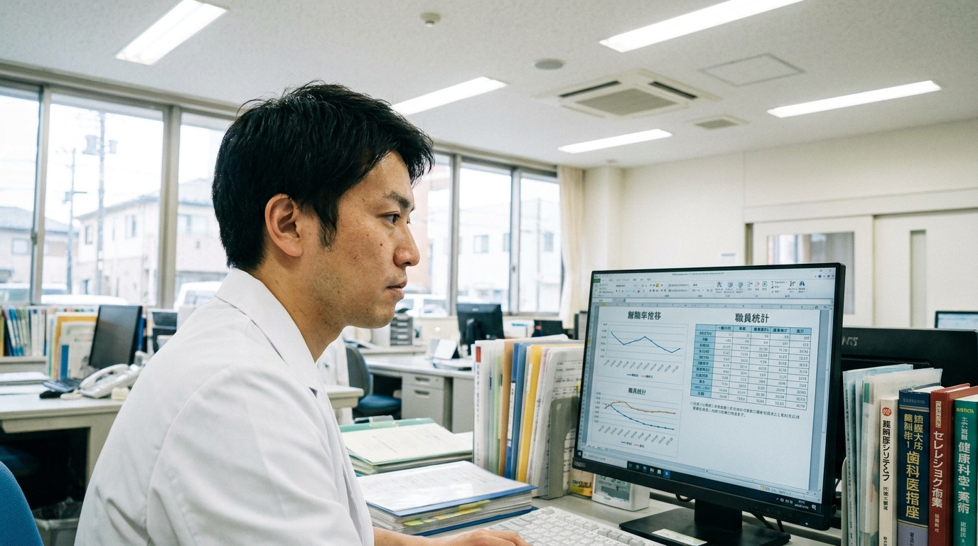 理学療法士の離職率データと業界の実態を示す資料を確認する場面