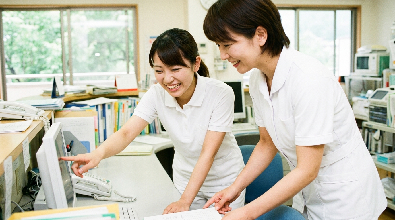 介護職の新人が先輩に相談しているシーン