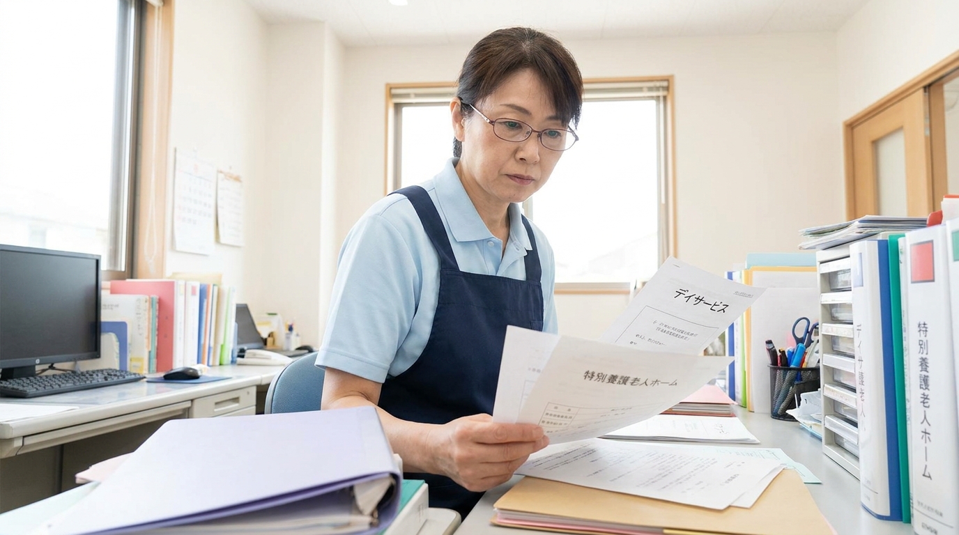 介護施設の種類別比較を確認するスタッフの様子