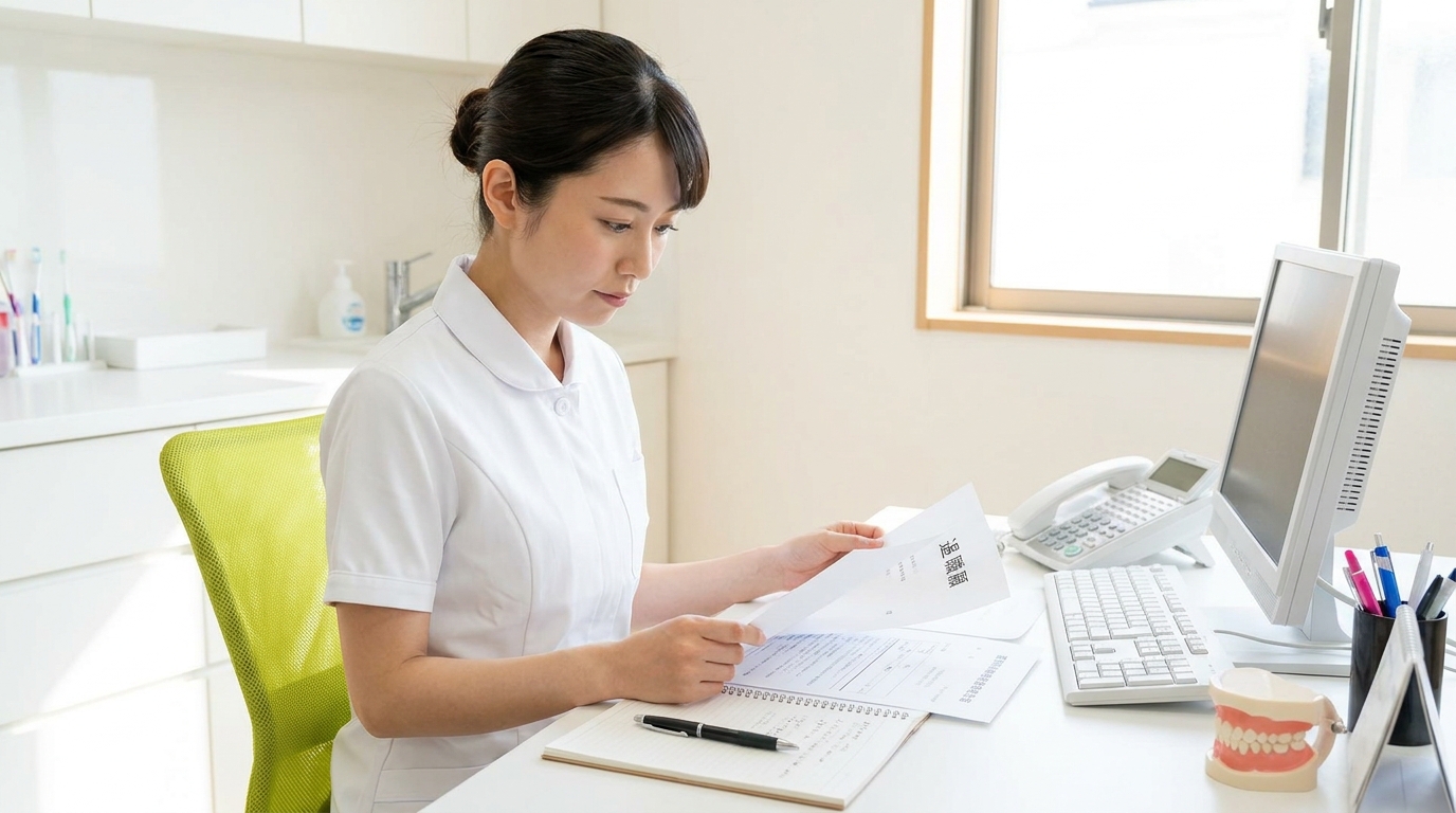 歯科衛生士が退職について書類を整理している場面