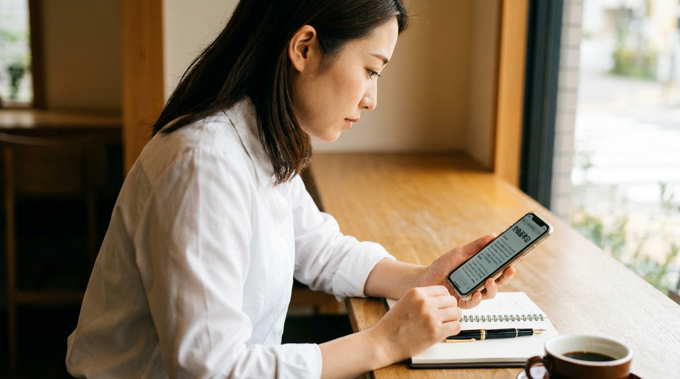 歯科衛生士の女性がスマートフォンで労働基準法について調べている場面